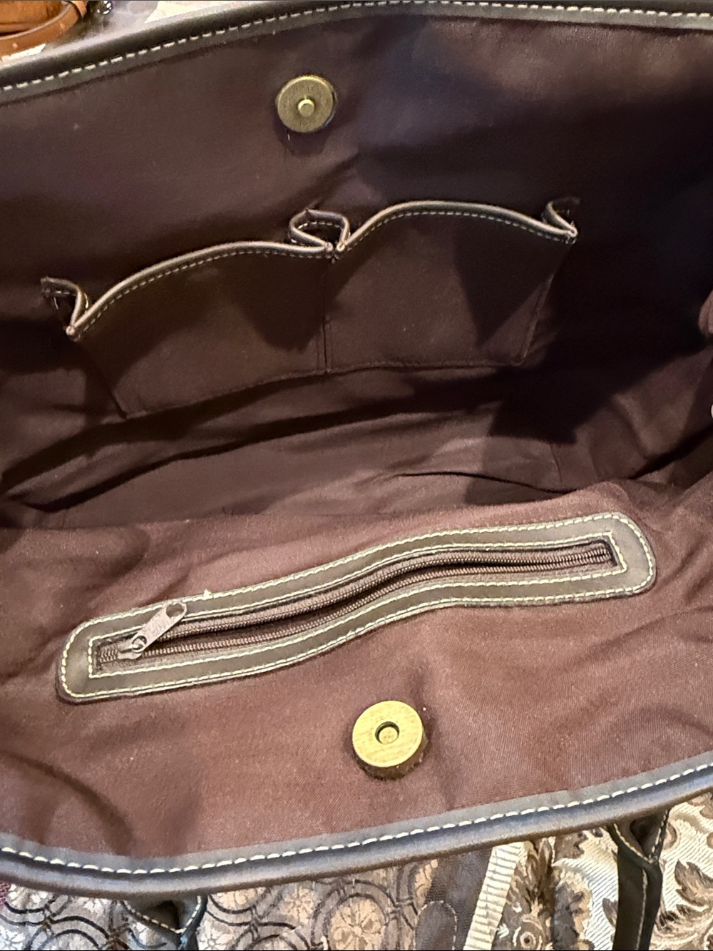 G.H. Bass& Co. Olive Quilted Tote Bag with Brown Trim - Picture 2 of 8